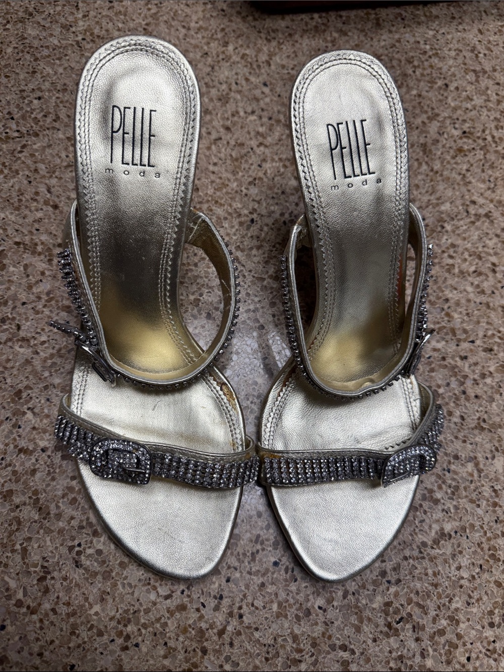 Pelle Moda Metallic Gold Rhinestone Slingback Heels